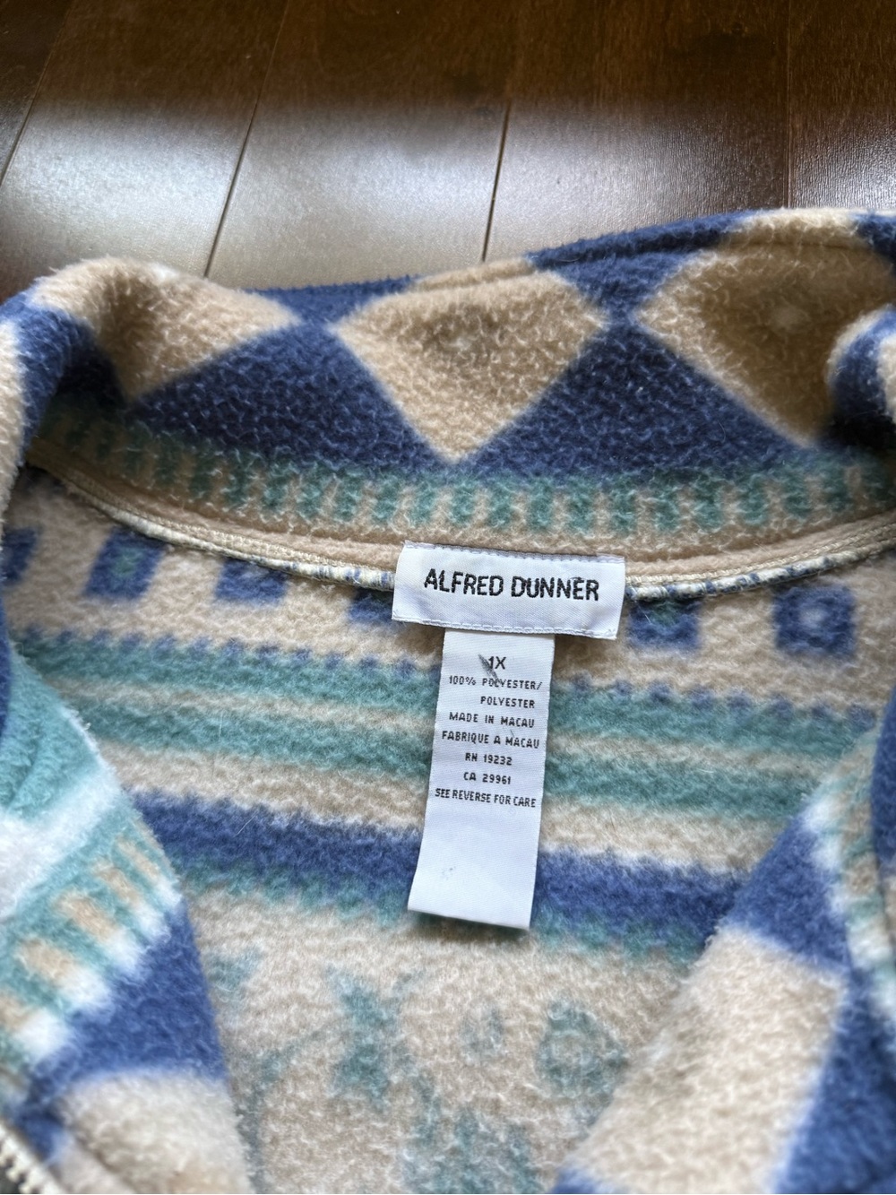 Vintage Alfred Dunner Aztec Fleece Full Zip Sweater Jacket Blue Cream XL - Picture 5 of 6